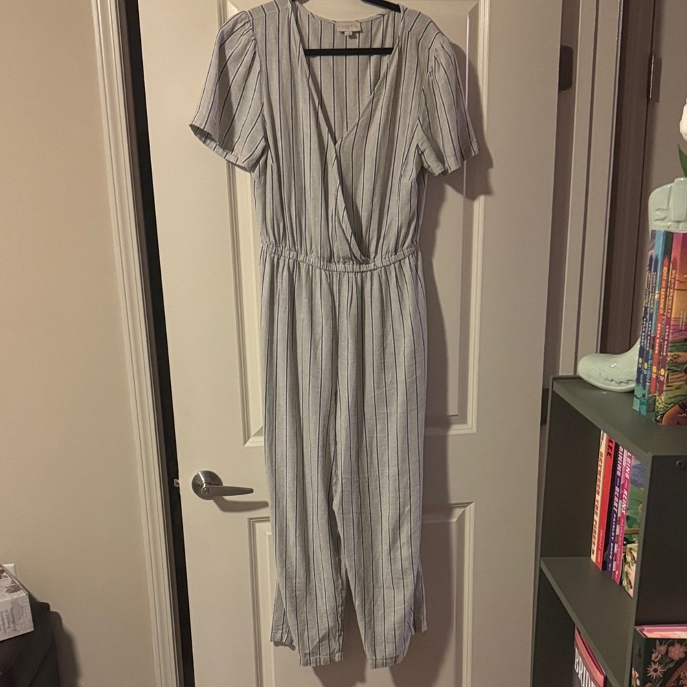 LOFT Gray and Green Striped Wrap Jumpsuit